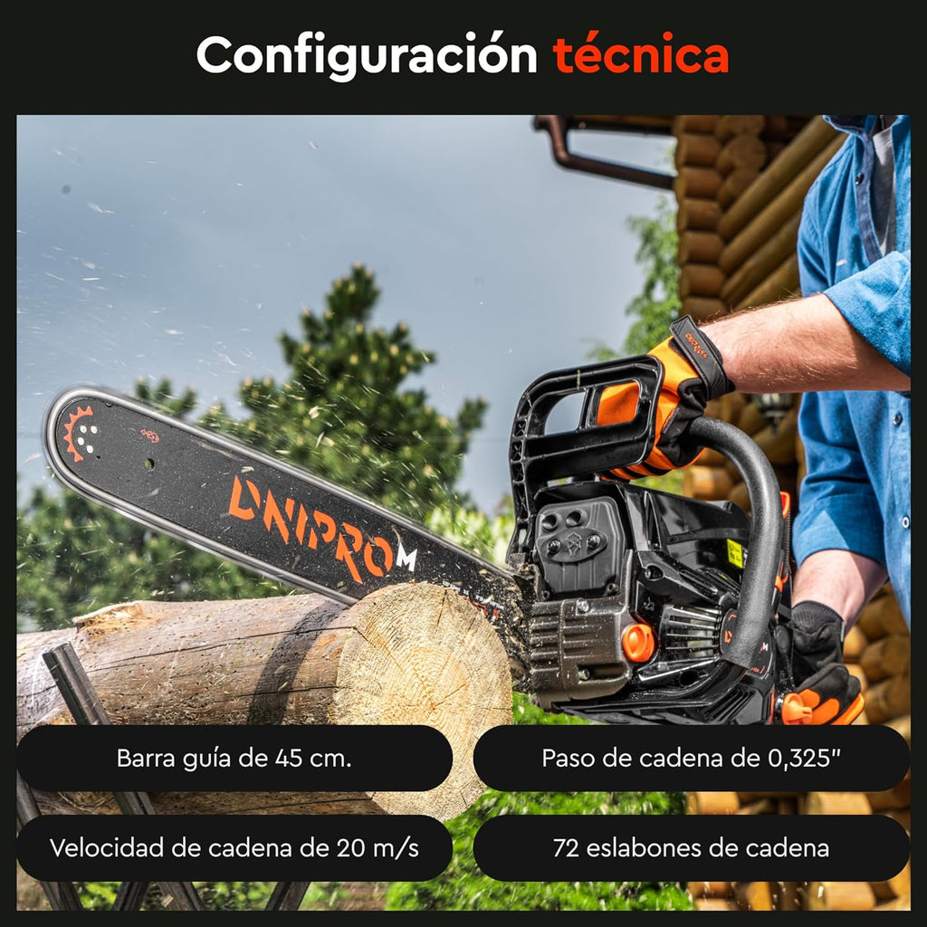 Motosierra de Gasolina Dnipro-M DSG-52HE – Potencia Semi-Profesional de 52 cc (2400W), Espada de 45 cm y Sistema de Arranque Fácil