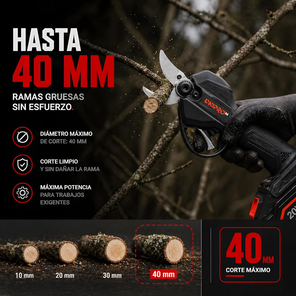 Tijeras de Podar a Batería Dnipro-M DPS-200BC ULTRA 20V – Kit Profesional con Motor Brushless, Cuchillas de Acero Japonés SK5, 4 Posiciones de Corte, Batería 2Ah y Cargador Rápido