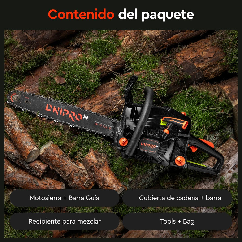 Motosierra de Gasolina Dnipro-M DSG-52HE – Potencia Semi-Profesional de 52 cc (2400W), Espada de 45 cm y Sistema de Arranque Fácil