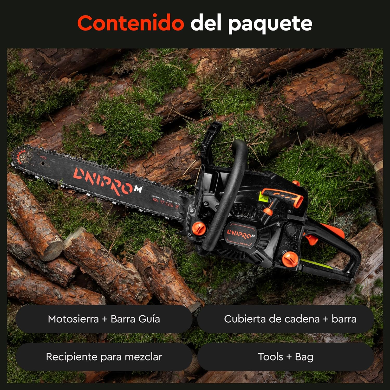 Motosierra de Gasolina Dnipro-M DSG-52HE – Potencia Semi-Profesional de 52 cc (2400W), Espada de 45 cm y Sistema de Arranque Fácil