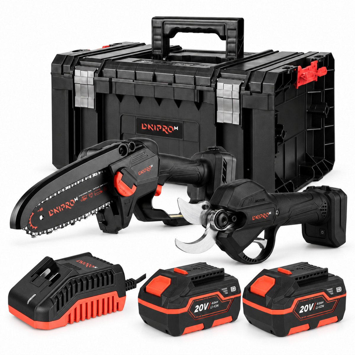 Dnipro-M | Kit 20V: Tijeras de podar DPS-200BC + Mini motosierra DMS-200BC - 2 baterías 4Ah