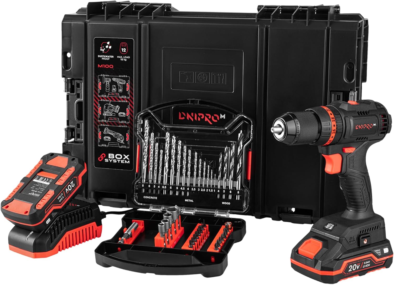 Mega Pack Profesional Dnipro-M: Taladro Brushless CD-201HBC + 2 Baterías 2Ah + Cargador Rápido + Maletín S-Box + Set de 41 Accesorios