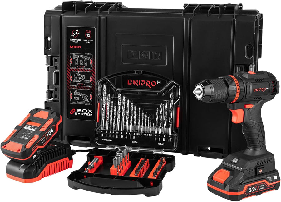 Dnipro-M | Taladro percutor a batería 20V CD-201HBC - Kit 2 baterías 2Ah, cargador, S-Box y 41 accesorios