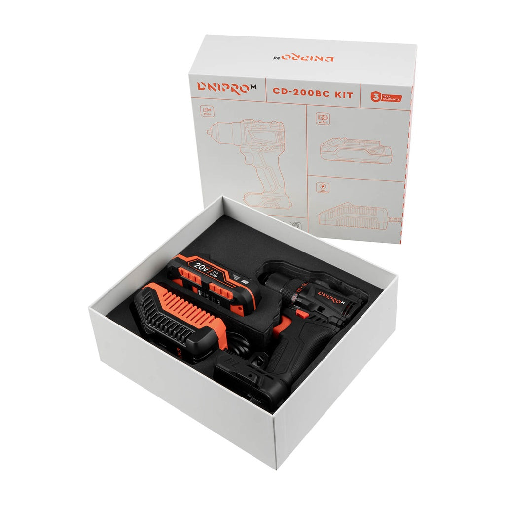 Taladro Atornillador Brushless Dnipro-M CD-200BC KIT 20V – Set Profesional con Sistema Kickback Control, Par de 50 Nm, Batería 2Ah y Cargador Rápido