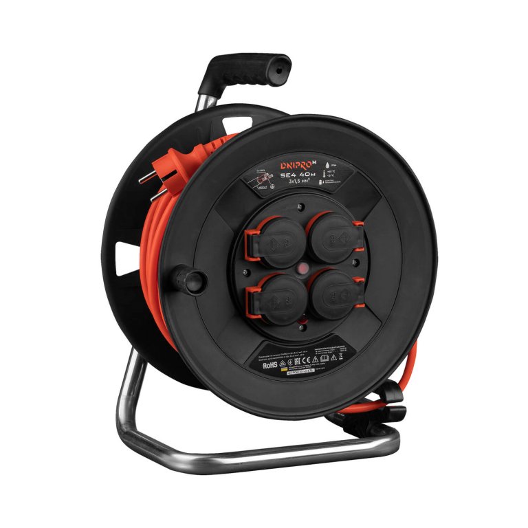 Alargador eléctrico en carrete Dnipro-M SE4 3x1,5 mm² 40 m con 4 tomas, IP44 y protección térmica