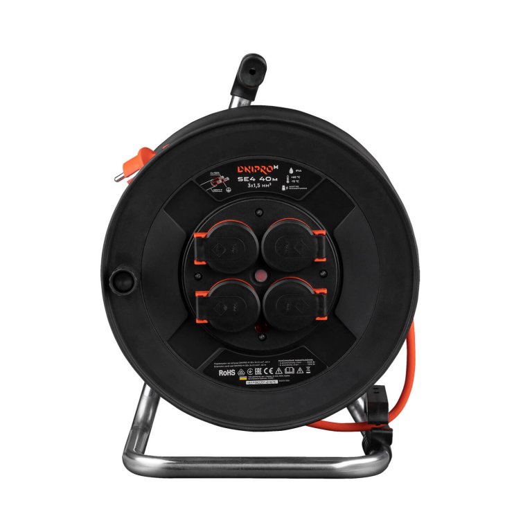 Alargador eléctrico en carrete Dnipro-M SE4 3x1,5 mm² 40 m con 4 tomas, IP44 y protección térmica
