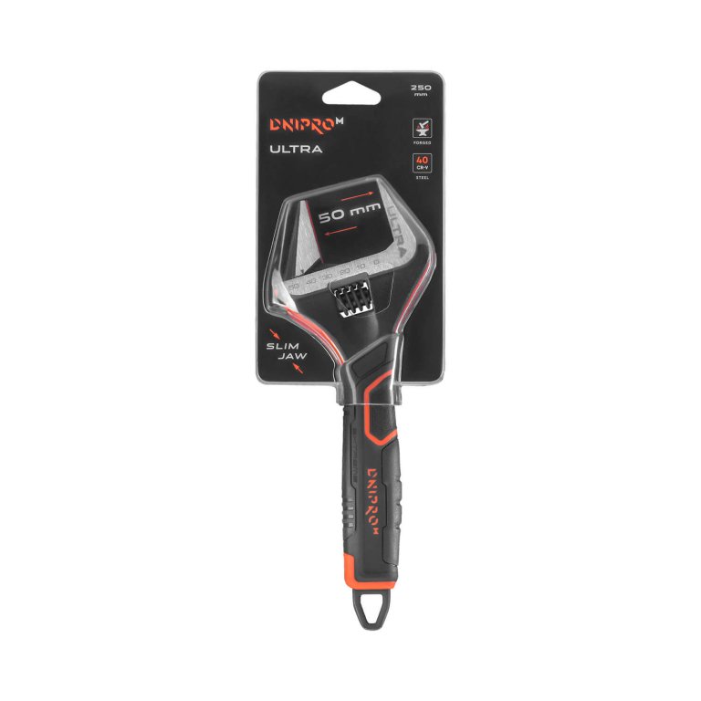 Llave ajustable Dnipro-M ULTRA 250 mm de acero 40CR-V con apertura de 50 mm y mango antideslizante