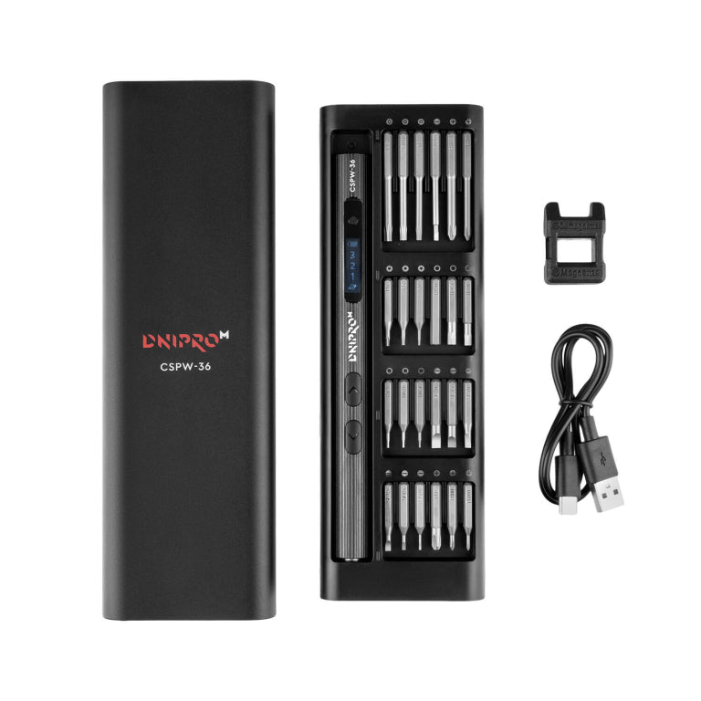 Destornillador Eléctrico de Precisión Dnipro-M CSPW-36 (3.6V) – Pantalla Digital, 3 Niveles de Par (Max 0.35 Nm), 48 Puntas S2 y Carga USB-C